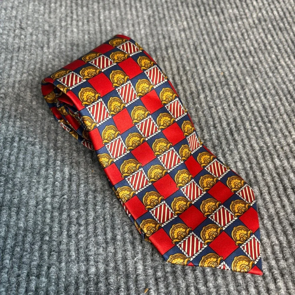 Pierre Balmain Paris Mens Silk Tie Red Navy Blue Gold Crest Geometric Pattern